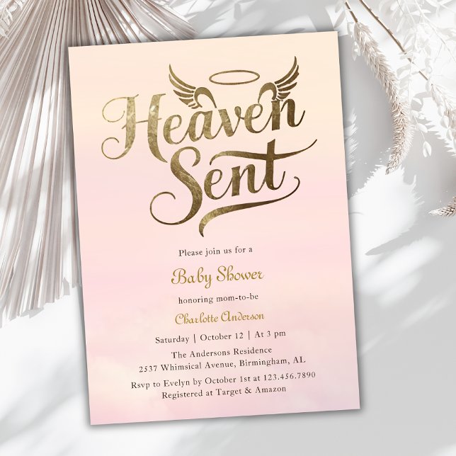 Christian Heaven Sent Rosa Clouds Girl Baby Shower Inbjudningar (Elegant "Heaven Sent" girl's baby shower invitation)