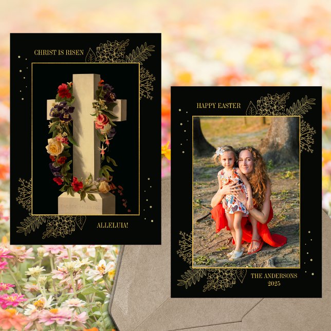 Christian Jesus Blommigt Kor Family Photo Påsk Julkort (Religious Christian Catholic Resurrection Christ is Risen Floral Cross Family Photo Easter Card)