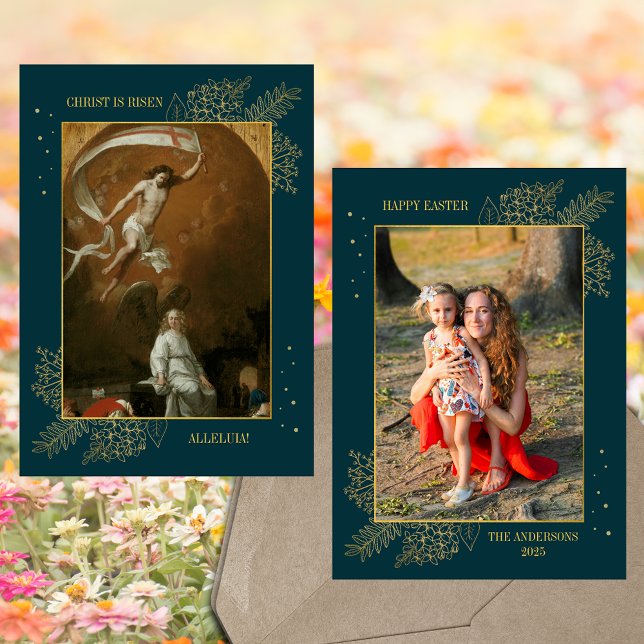 Christian Jesus Resurrection Påsk Family Photo Julkort (Religious Christian Catholic Jesus Christ is Risen Resurrection Easter Family Photo Holiday Card)