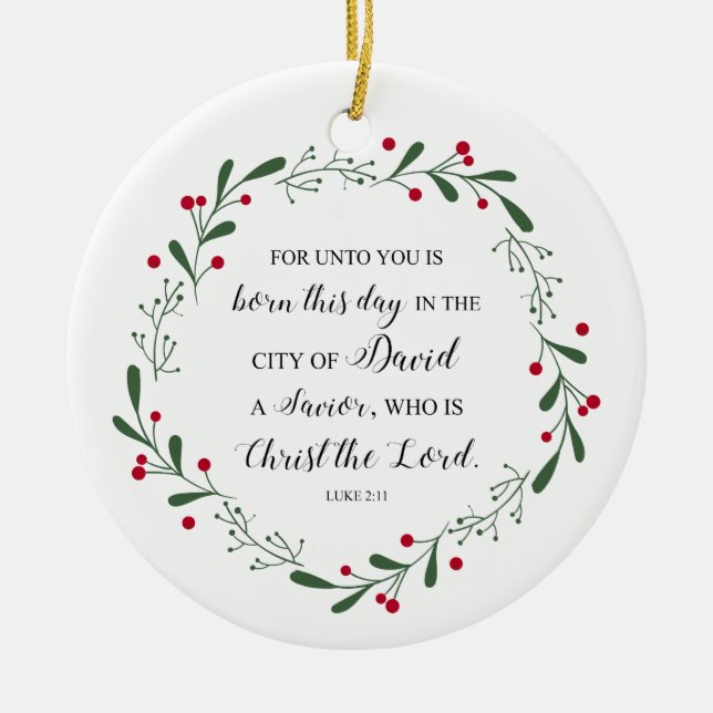 Christian jul Bible Verse Jesus Savior Luke Julgransprydnad Keramik (Framsidan)