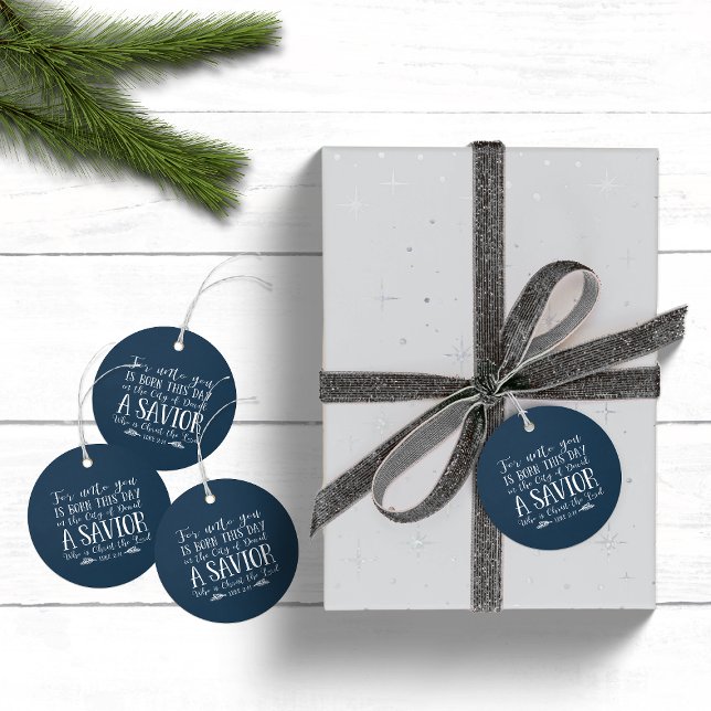 Christian jul Verse Typography Helgdag Blue Gåvor Etiketter (Christian Christmas Verse Typography Holiday Blue Favor Tags)