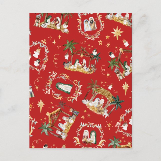 Christian Jul Watercolor Ntivity Red Helg Vykort (Framsida)