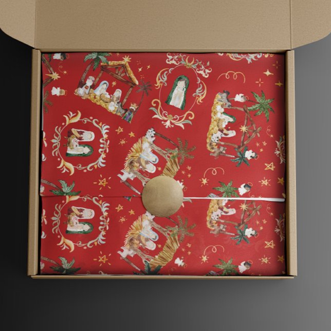 Christian Jul Watercolor Ntivity Red Presentpapper (Skapare uppladdad)