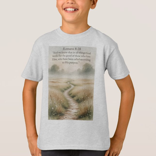 Christian Kid's Romans 8:28 Bible Verse Tee Shirt (Framsida)