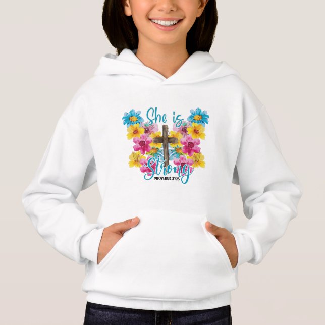 Christian Kor Butterfly Flowers Hon är stark T Shirt (Framsida)