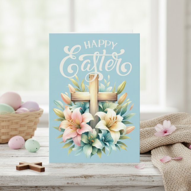 Christian Kor med Påsk Lilies Anpassningsbar Påsk Helgkort (Christian Cross With Easter Lilies Custom Easter Holiday Card)