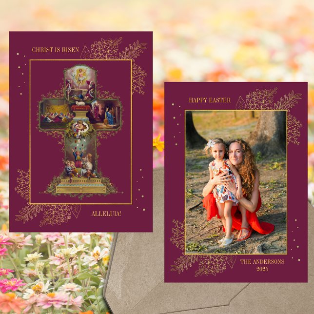 Christian Kor Resurrection Family Photo Påsk Julkort (Religious Christian Catholic Red Floral Cross Resurrection of Jesus Family Photo Easter Holiday Card)