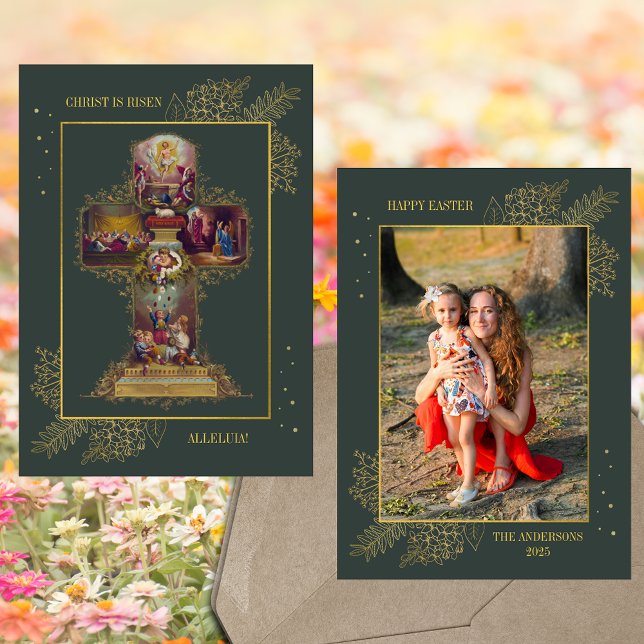 Christian Kor Resurrection Family Photo Påsk Julkort (Religious Christian Catholic Easter Floral Cross Jesus Christ Resurrection Family Photo Holiday Card)