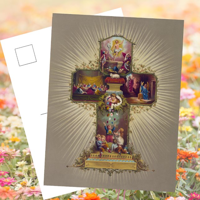 Christian Kor Resurrection Jesus Kristus Påsk Helg Vykort (Religious Christian Catholic Floral Cross Resurrection Jesus Christ is Risen Easter Holiday Postcard)