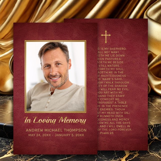 Christian Maroon Guld-fotobegravningskort Visitkort (In Loving Memory Maroon Faux Leather Photo Funeral Prayer Card with Gold Cross.)