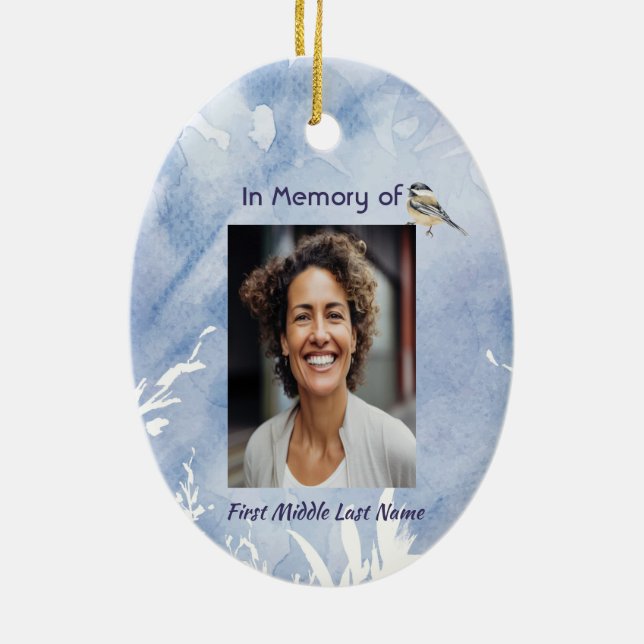 Christian Memorial Chickadee Bird Winter Snow Tree Julgransprydnad Keramik (Baksidan)