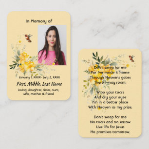 Christian Memorial Hummingbird Gul ros Visitkort