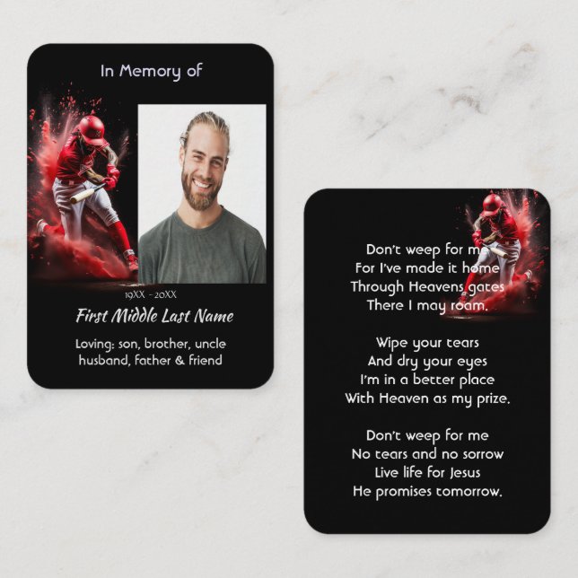 Christian Memorial Keepsake Baseball Softball  Visitkort (Fram/baksida)