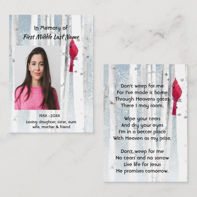 Christian Memorial Keepsake Cardinal Bird Visitkort (Fram/baksida)