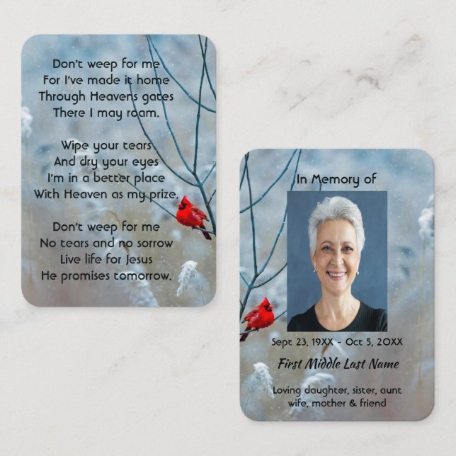 Christian Memorial Keepsaké Cardinal Red Bird Visitkort (Fram/baksida)