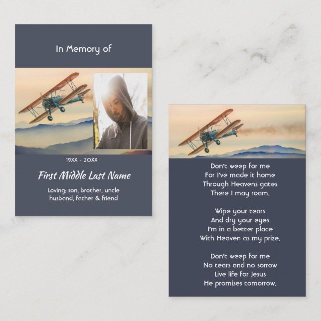 Christian Memorial Keepsake  Clouds Biplane Sky Visitkort (Fram/baksida)
