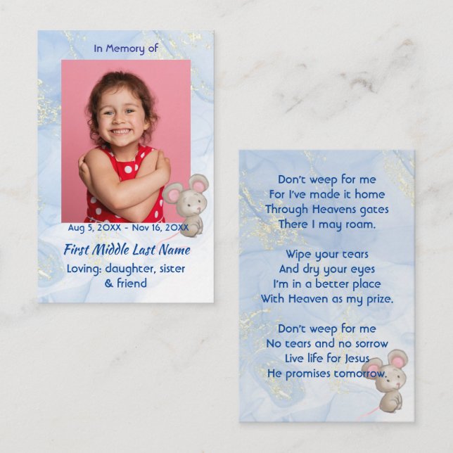 Christian Memorial Keepsake Cute Little Mouse  Visitkort (Fram/baksida)