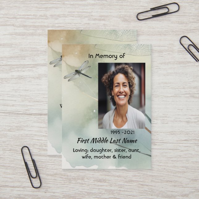 Christian Memorial Keepsake Dragonfly Business Visitkort (Fram/Back In Situ)