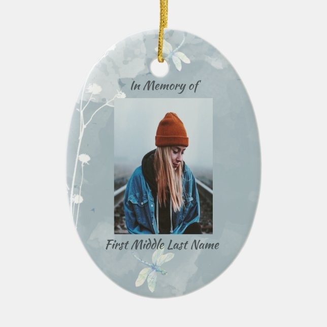 Christian Memorial Keepsaké Dragonfly White Flower Julgransprydnad Keramik (Framsidan)