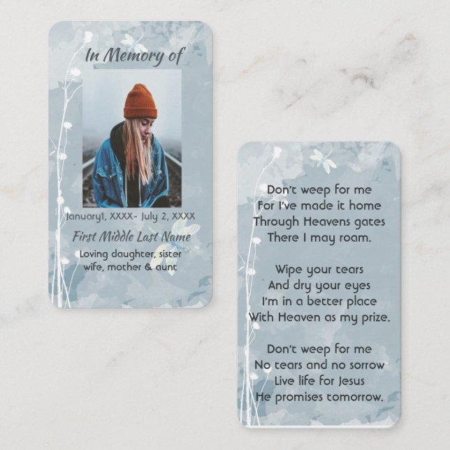 Christian Memorial Keepsaké Dragonfly White Flower Visitkort (Fram/baksida)