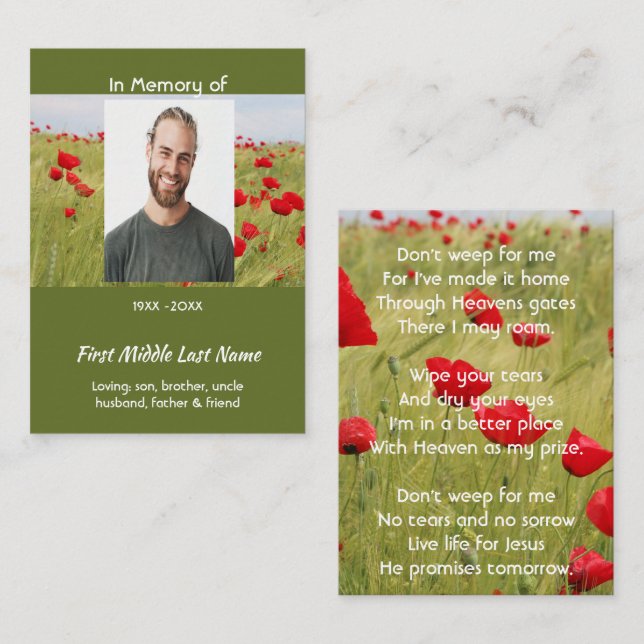 Christian Memorial Keepsake Field of Red Poppy (Fram/baksida)