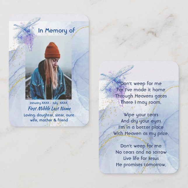 Christian Memorial Keepsaké Memorial Dragonfly Visitkort (Fram/baksida)