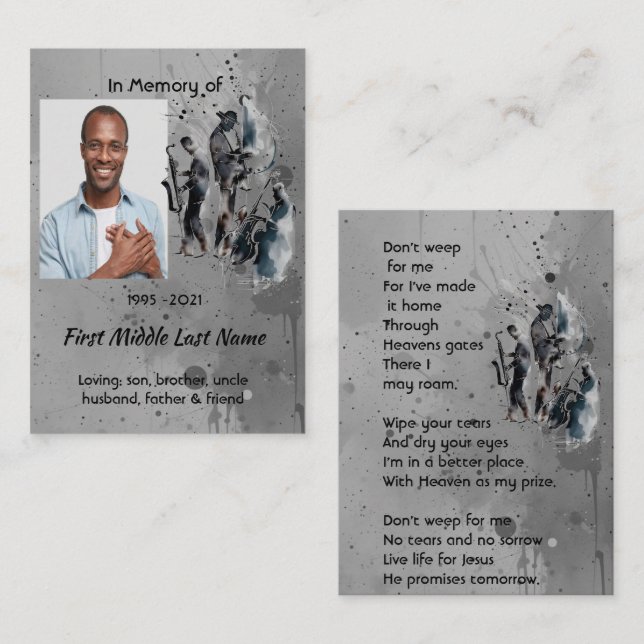 Christian Memorial Keepsake Music Jazz Band Visitkort (Fram/baksida)