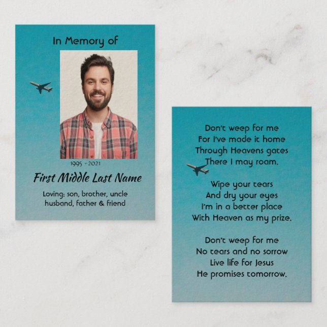 Christian Memorial Keepsake Pilot Airplane Flying Visitkort (Fram/baksida)