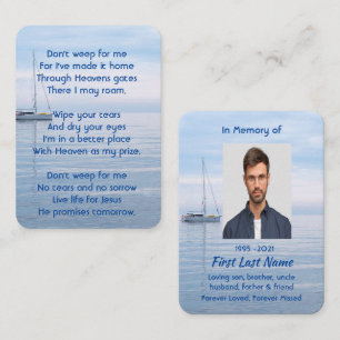 Christian Memorial Keepsaké Sailboat Lugn Vatten Visitkort