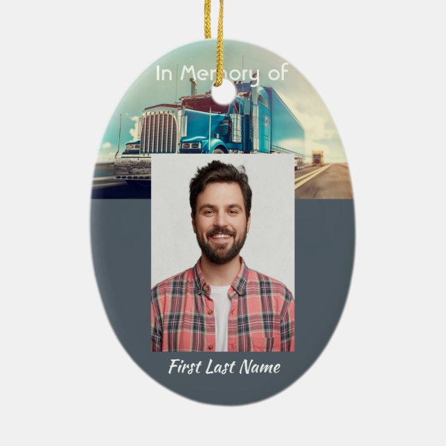 Christian Memorial Keepsaké Semi Lastbil Trailer Julgransprydnad Keramik (Baksidan)