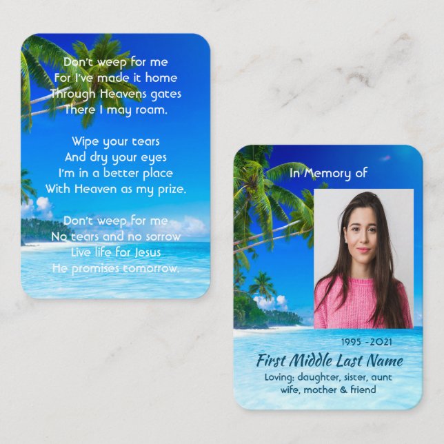 Christian Memorial Keepsake Tropical Beach Exotic Visitkort (Fram/baksida)
