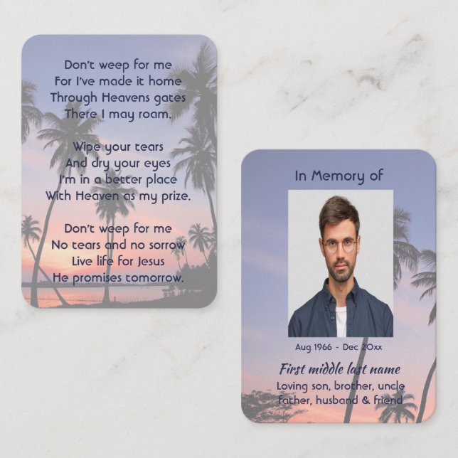 Christian Memorial Keepsake Tropical Beach  Visitkort (Fram/baksida)