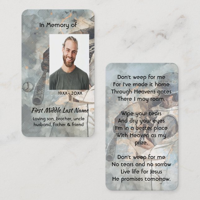 Christian  Memorial Memory Card Baseball Sport Visitkort (Fram/baksida)