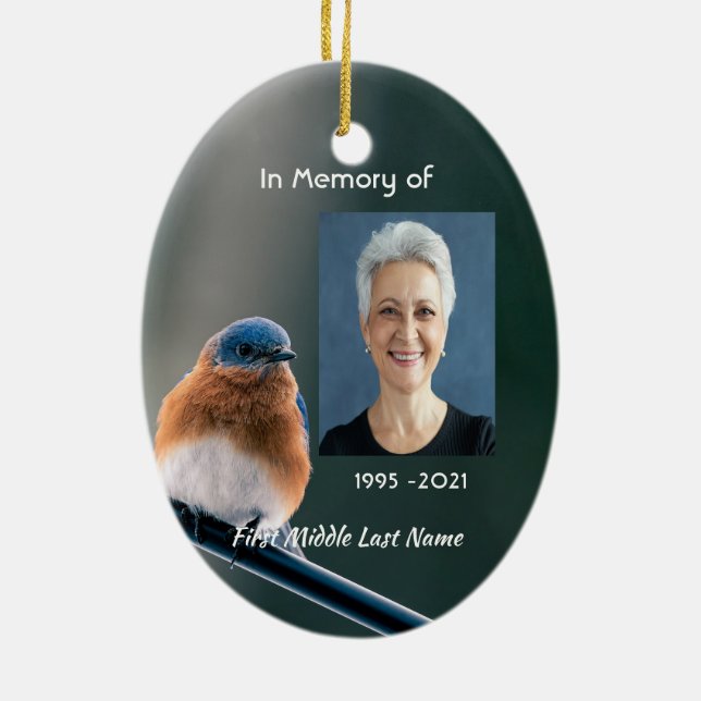 Christian Memorial Photo  Bluebird Garden Bird  Julgransprydnad Keramik (Baksidan)