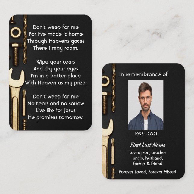 Christian Memorial Photo Prayer Verktyg Mechanic Visitkort (Fram/baksida)