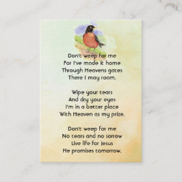 Christian Memorial Photo Robin Garden Bird Visitkort
