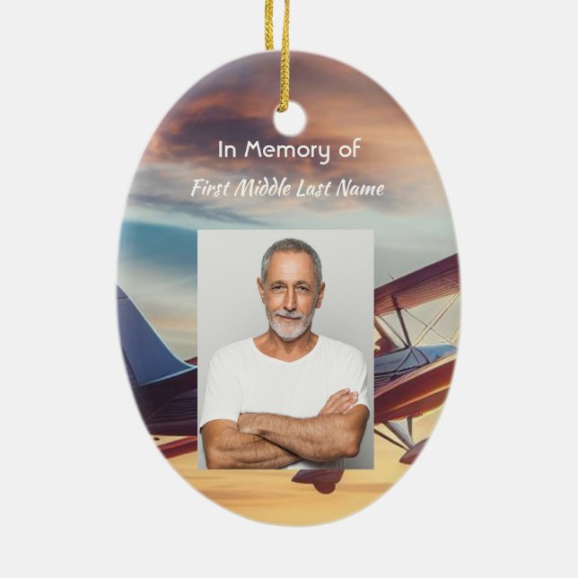 Christian Memorial Pilot Airplane Flying Sunset Julgransprydnad Keramik (Baksidan)