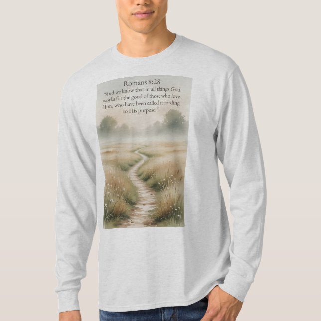 Christian Men's Romans 8:28 Bible Long Sleeve Tee  (Framsida)