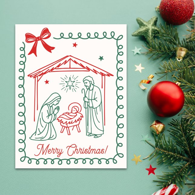 Christian Nativity Scene Religious Christmas Julkort (A simple, faith-forward Christmas design featuring red & green line-art of the nativity scene)