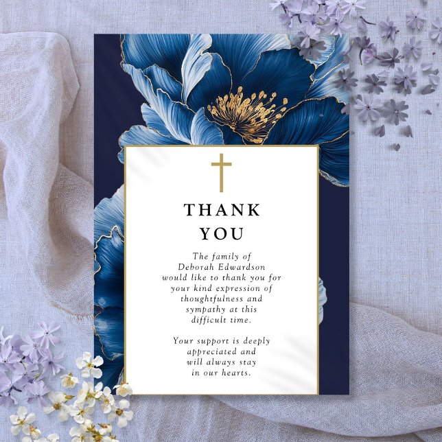Christian Navy Blue Firande of Life Funeral Tack Kort (Christian Navy Blue Celebration Of Life Funeral Thank You Card)