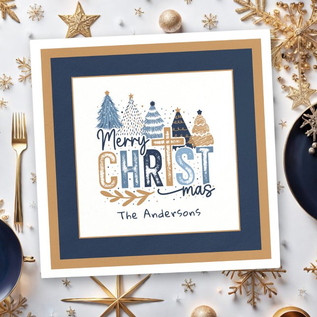 Christian Navy Blue Träd Namn Modern jul Pappersservett (Christian Navy Blue Tree Name Modern Christmas Napkins)