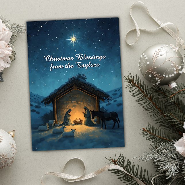 Christian Ntivity Scene Star-Religiösan jul Julkort (Peaceful Nativity Christmas Card with Personalized Family Name | Christian Holiday Greeting)
