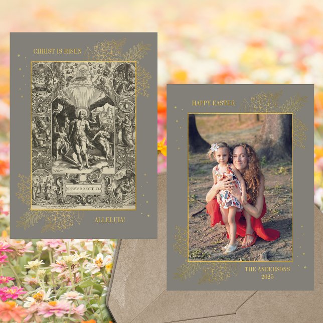 Christian Påsk Jesus Resurrection Family Photo Julkort (Grey Gold Religious Christian Catholic Jesus Christ Resurrection Family Photo Easter Holiday Card)