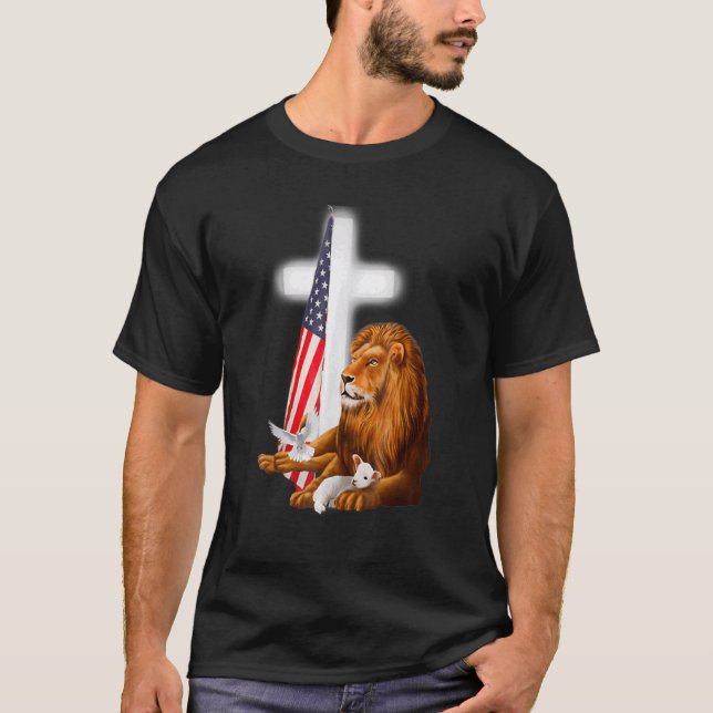Christian Patriotic Lejon och Lamb Kor Sheep Dove T Shirt (Framsida)