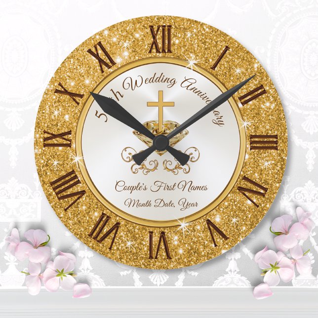 Christian Personlig Golden-årsgåvor Stor Klocka (50th anniversary clock. 50 year wedding anniversary presents for parents. Golden anniversary gifts. )