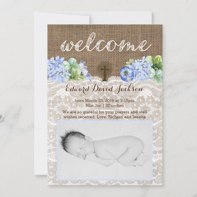 Christian Pojke Birth Announcement Card Meddelande (Framsida)