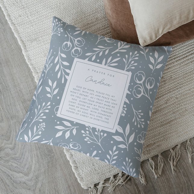 Christian Prayer Gift Romans 15:13 Grått Blommigt Kudde (Comfort gift pillow with Bible verse back & editable prayer poem front.)