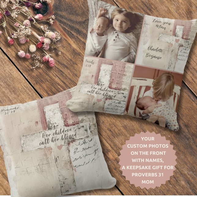 Christian Proverbs 31:28 Mamma Photo Collage Namn Kudde (Personalize with 2 photos & up to 3 names.)
