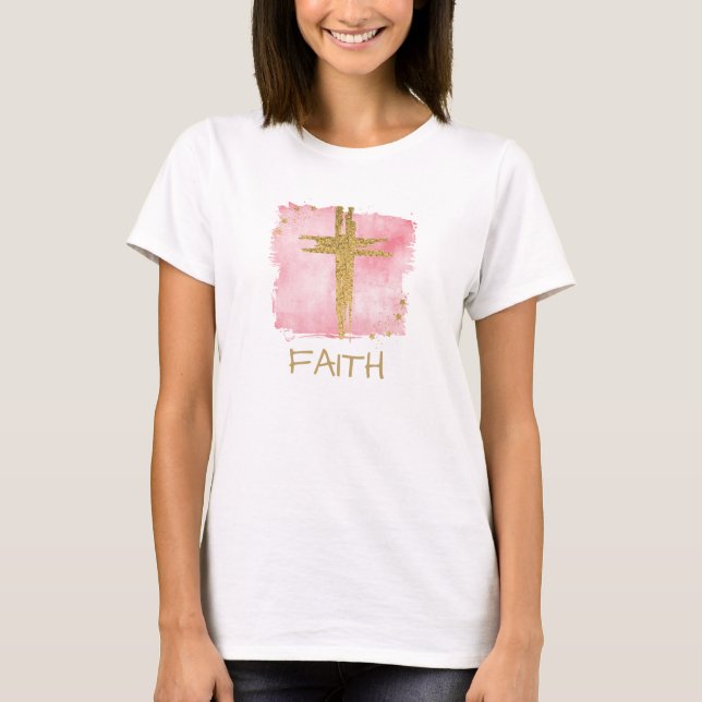*~* Christian Rosa Kor Guld Glitter FAITH T Shirt (Framsida)