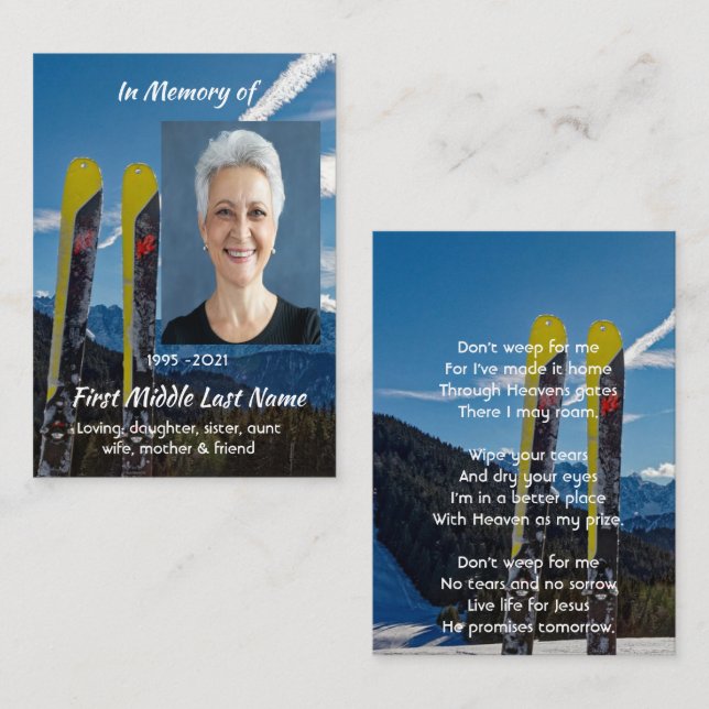Christian  Skiing Skier  Memorial Keepsake  Visitkort (Fram/baksida)